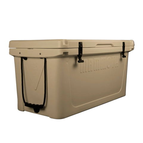 Bombproof 125 Quart Insulated Cooler Tough As Nails Rotomolded Hard Ice Chest with lid, tan, heavy duty for outdoor use.
