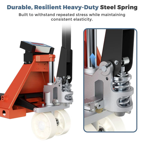Close-up of heavy-duty steel spring on Pallet Jack Scale With Digital Indicator For Warehouse Use 4400 Lb Capacity