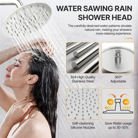 8 Inch Brushed Nickel Shower Faucet Trim Kit With Air Blended Pressure Rain Head And Handheld Sprayer Solid Brass Rough In Valve Dual Function Bathroom System No Fuss Setup Big Time Flow, showcasing stainless steel rain shower head.