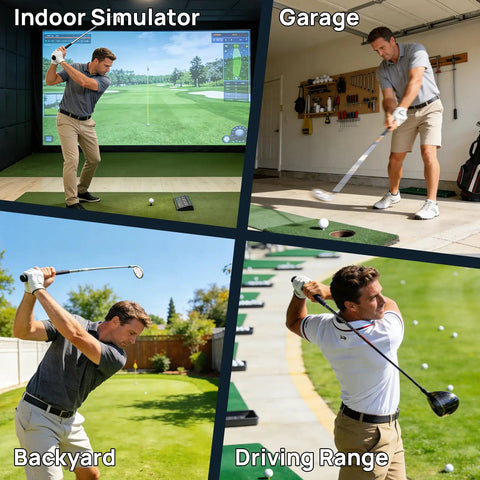 Golfers using Impact Tape For Golf Clubface, High Resolution Swing Analysis Stickers in various settings: simulator, garage, backyard, range.