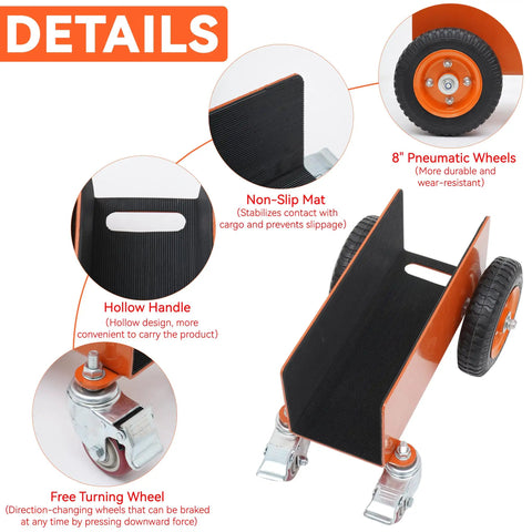 Heavy Duty Panel Dolly Cart With 1200 Lbs Capacity features 8" wheels, non-slip mat, hollow handle for hauling drywall and doors.