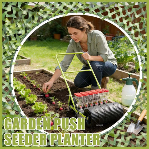 Hand Push Precision Seed Planter For Row Crops, 2 Row Garden Seeder For Corn, Peanut And Soybean Seeds in use in garden