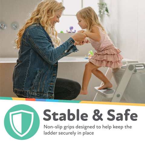 Mom helping toddler use the Toddler Step Ladder Potty Seat Folds Flat For Easy Storage Smooth Potty Training Game Changer.