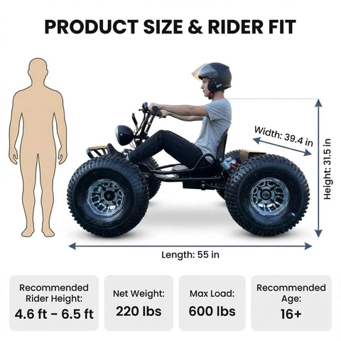 Side view of Beast 72V Peak 10.8kW Brushless Electric Off Road Go Kart With Shaft Drive, showing rider fit and dimensions.