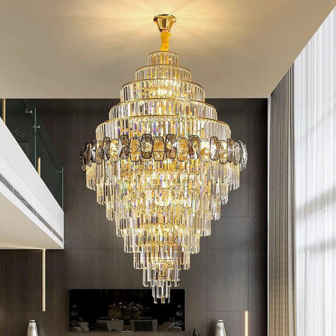 Premium Smoke Gray Crystal Chandelier Ceiling Fan 42 Or 48 Inch Dimmable LED Lights Smart Three Color Remote Control elegant ceiling fixture with gold accents