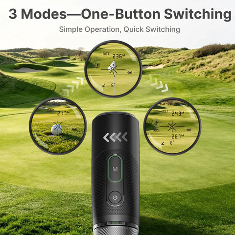Golf Rangefinder With Slope Compensation And 1200 Yard Range, Compact Leather Exterior Device Packing 6X Magnification showing modes on display.