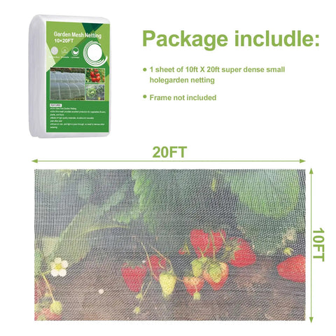 Pro Grade Garden Bug Netting 10x20 Feet Square Mesh Pest Barrier For Plants Vegetables Fruits Flowers and Trees, package and netting view.