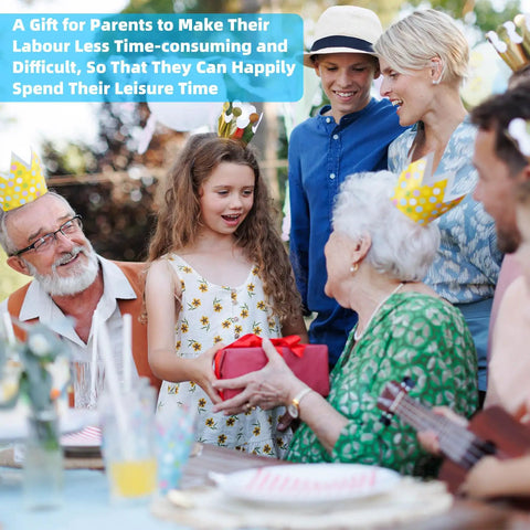 Family celebration with people wearing party crowns at outdoor gathering, young girl giving a gift to elderly woman.