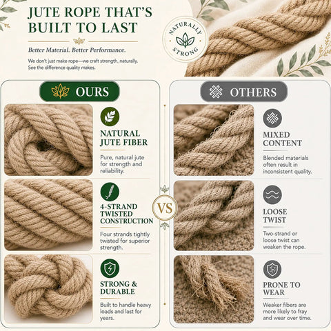 Comparison of Beefy Jute Hemp Rope One And A Half Inch By One Hundred Feet For Docks And Railings Landscaping Tug Of War Outdoor Decorating Weatherproof Twisted Four Strand Manila Style Rope With Three Thousand Eight Hundred Pound Tensile Strength against other ropes