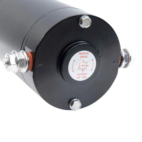 Get Your Camper Back On Track Fast With This Rock Solid 12 Volt Dc Motor Replacement Hydraulic Pump For Slideout Power Unit 141111 Powder Coated Finish close-up of the black motor base with drive access.