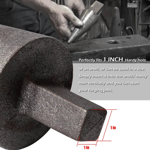 Anvil Mandrel Forming Cone for 1 Inch Hardy Hole shown with measurements and use for precise metal shaping in forge or vise work.