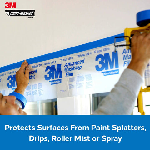 Person applying Advanced Masking Film for Hand Masker, 8 Rolls, 99 In x 90 Ft, Static Cling Keeps Film In Place on a window frame