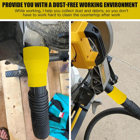 Universal Dust Collection Adapter For Miter Saws And Table Saws Flexible TPU Hose Quick Connect Converts 2.5 Inch Saw Ports To 1.875 Inch Shop Vac Hoses No Fuss Dust Control Fits Sanders And Shop Vac Accessories attached to saw, showing dust collection system setup.