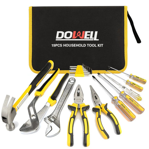 19 Piece Household Tool Kit Set With Pliers Screwdrivers Hex Keys And Wrenches Includes Storage Bag For Easy Home Repairs