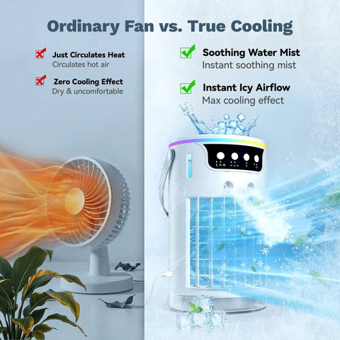 Comparison of ordinary fan and Evaporative Mini AC Fan With Ice Mist Cooler, showing airflow and cooling effect with icy mist.
