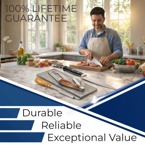 Man in kitchen using knife beside Diamond Sharpening Stone Set With Fine And Extra Fine Grits 600 And 1200 For Knives And Tools