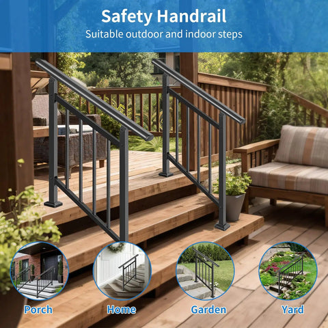 Heavy Duty Two In One Stair Handrail And Horizontal Railing Kit features a sturdy design on wooden steps for safety outdoors.