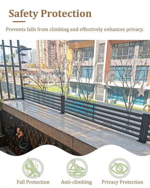 Heavy Duty Aluminum Balcony Railing Height Extender With Solid Anti Fall Safety Guard To Keep Kids And Dogs Secure Add Quick Patio Privacy Weatherproof Outdoor Upgrade on a balcony with plants.