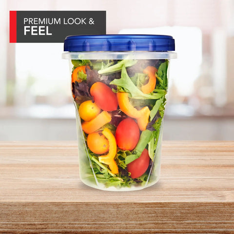 32 Ounce Plastic Containers With Twist Top Lids Six Pack Quart Freezer Storage shown with salad inside
