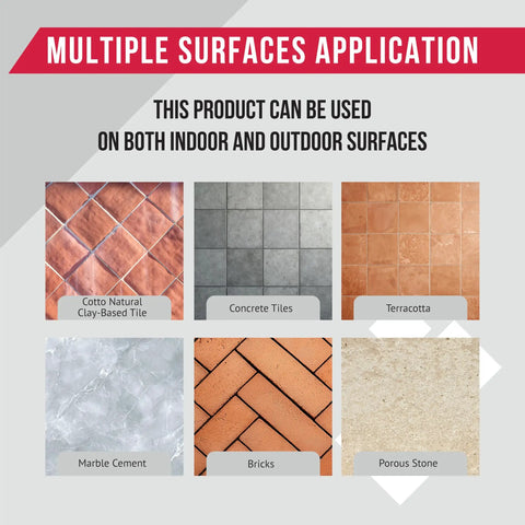 Multiple surfaces showing Cotto Natural Clay Tile, Concrete Tiles, Terracotta, Marble Cement, Bricks, and Porous Stone for Top Shelf Wet Look Stone Sealer.