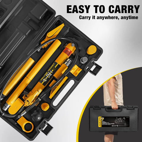 Badass 12 Ton Porta Power Kit Hydraulic Ram Push Pull Tool Set With Leakproof Heavy Duty Steel And Rugged Protective Carry Case shown in black carrying case.