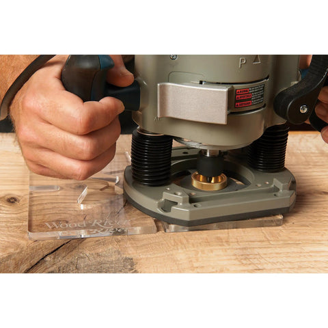 Straight Up Butterfly Router Inlay Template Machined From Thick Clear Acrylic in use with plunge router on wood surface.