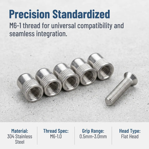 50 Pack M6 Knurled Stainless Steel Blind Rivet Nuts Set, Threaded Insert Rivnuts displayed on a gray surface with a screw.