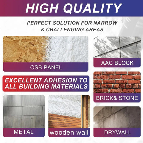 High-quality materials for Built Tough Closed Cell Spray Foam Insulation Kit use, showcasing OSB, AAC block, metal, and drywall.