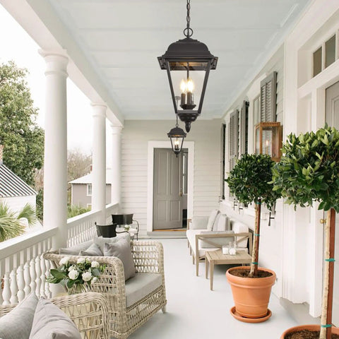 Large Outdoor Pendant Light With Two Lights, 13 Inch Tall Modern Black Exterior Hanging Fixture on Porch