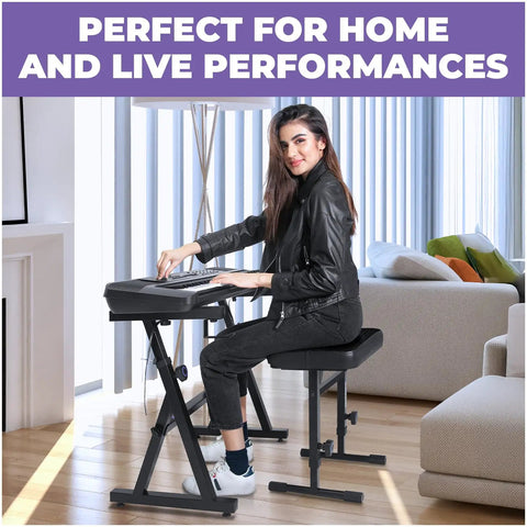 Heavy Duty Keyboard Stand And Adjustable Bench Set For 54-88 Key Pianos in home setting with person playing