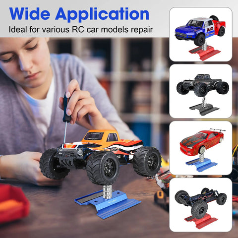 Beefy Aluminum RC Car Work Stand With 360 Degree Rotation Screw Tray Lift And Lower for repair, various RC cars displayed.