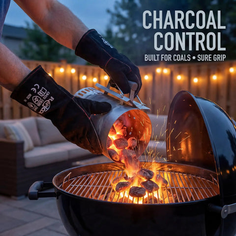 Person using Heat Resistant Fireplace Gloves 14 Inch Fireproof Leather for BBQ grill with charcoal and flames.
