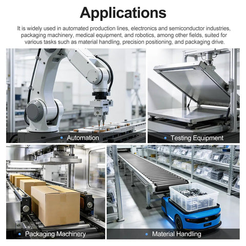 Collage of automation uses in production lines and material handling showcasing robotic arms and conveyor systems in a factory setting.