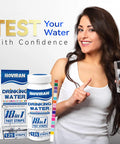 Woman holding 18 Parameter Drinking Water Test Strips Kit For Home And Well Water Testing 125 Count Detects Lead Hardness
