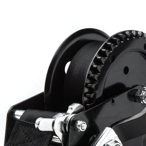 Heavy Duty Trailer Winch 1200 Lb Capacity With Pre Installed 20 Ft Strap And Hook All Steel Frame Zinc And Black Plating Close Up
