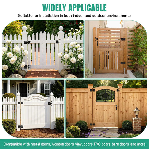 Self Closing Gate Hinge And Latch Hardware Kit for wood and vinyl fences on white and wooden gates