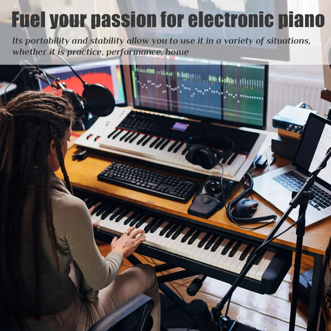 Musician using Double X Keyboard Stand And Bench Set For Digital Pianos With Adjustable Height And Lockable Straps Fits 49 61 76 And 88 Keys Built To Last Beefy Steel Construction Powder Coated Rust Proof Stand And Stool in studio