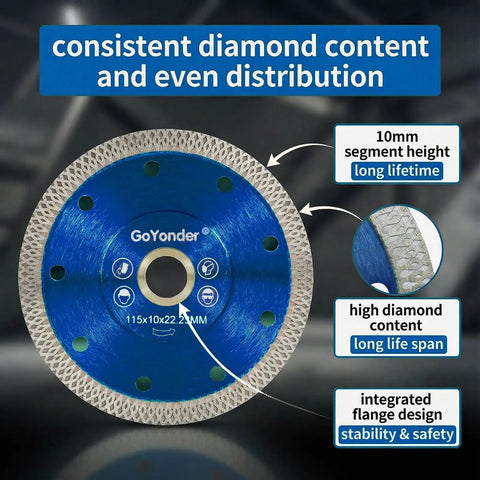 Heavy Duty 4.5 Inch Diamond Tile Blade Delivers Dope Precision Cuts On Porcelain Granite And Marble With Slick Wet Or Dry Grind Operation Rock Solid Dual Arbor Fit Pro Quality Upgrade with 10mm segment height.