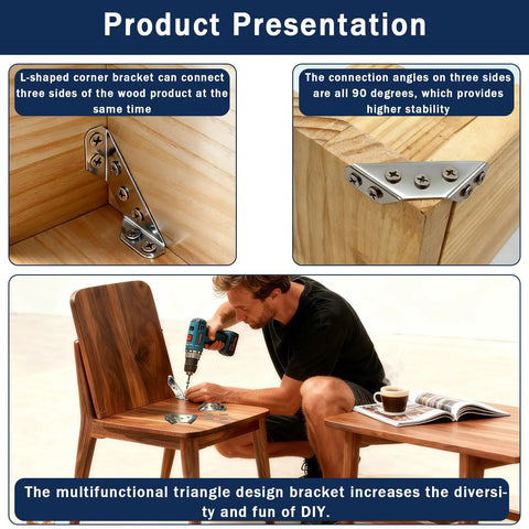 Heavy Duty Stainless Steel L Brackets With Two Dozen Solid Corner Mounts And One Twenty Self Tapping Screws for securing wooden furniture.