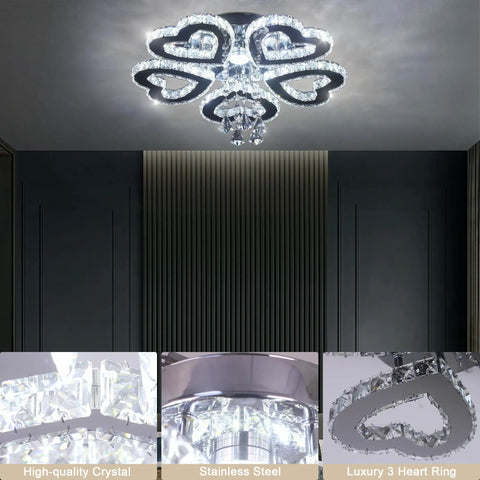 5 Heart Ring Crystal Chandelier LED Ceiling Light Fixture Stainless Steel Pendant Lighting For Bedroom with cool light