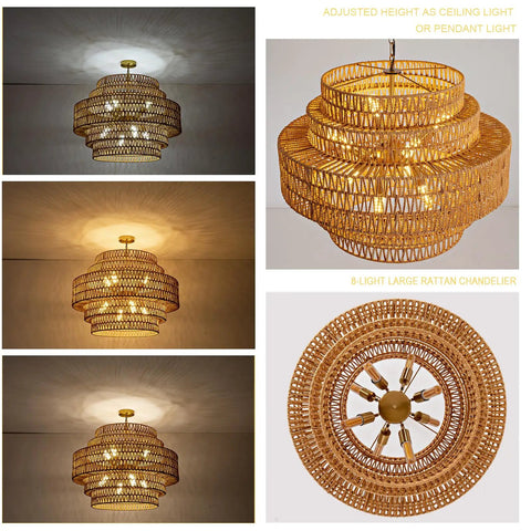 Epic Large Gold Boho Rattan Chandelier With 8 Lights, handwoven design highlighting adjustable height and detailed craftsmanship.