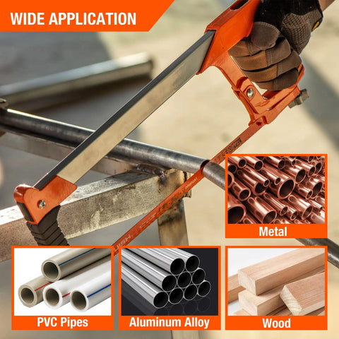 Frame Hack Saw With 12 Inch Blade for Gardeners and DIY Pros, dual angles, cutting metal pipe, nonslip grip, heavy duty steel frame