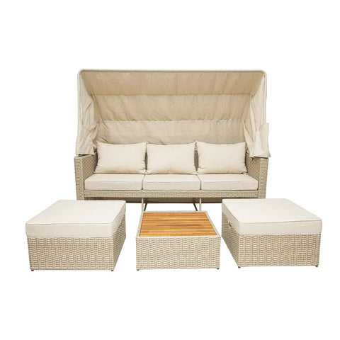 Top Shelf Wicker Patio Couch With Cabana Canopy And Ottoman Set Featuring Three Seat Bench Plus Coffee Table, beige wicker with cushions.