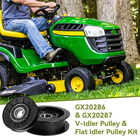 Beefed Up Replacement V Idler Pulley And Flat Pulley Kit For Lawn Mower Fits D140 D130 shown with John Deere mower