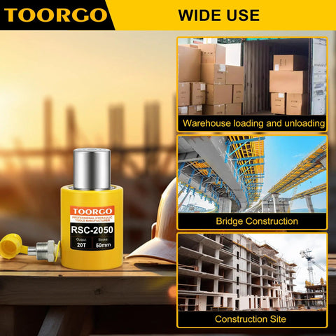 Built Like A Tank 20 Ton Hydraulic Ram Jack With Two Inch Stroke And Fast Self Retract Compact Alloy Steel Porta Power Tool Crews Swear Over For Frame Pulling And Garage Jobs Yellow Finish on construction site with warehouse loading and bridge construction.