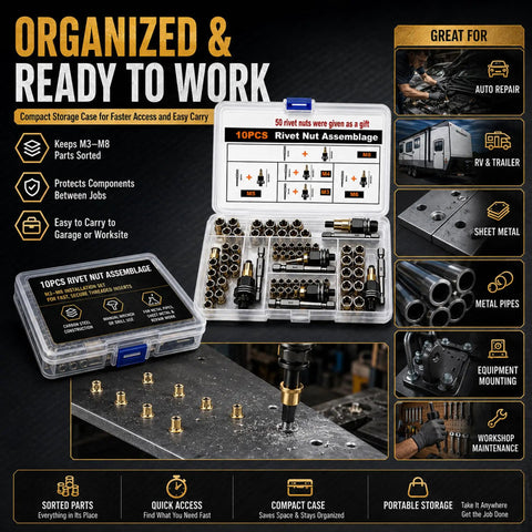 Fifty Piece Metric Rivet Nut Tool Set M3 M4 M5 M6 M8 For Quick Threaded Inserts In Thin Materials, Durable Carbon Steel Construction In Sturdy Case, Includes All Popular Rivet Nut Sizes For Easy No Fuss On The Go Installation, organized case
