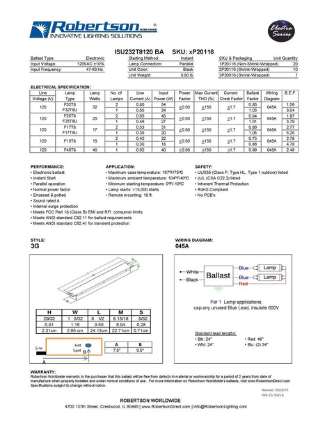 Diagram for ISU232T8120 Electronic Fluorescent Ballast For 1 Or 2 T8 Lamps with specifications and dimensions.