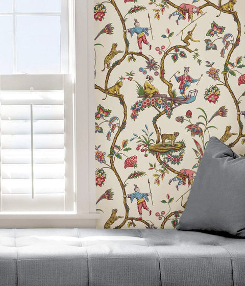 Multicolor White Chinoise Exotique Peel And Stick Wallpaper Removable Wall Covering with a chinoiserie design near gray sofa, 20.87 In By 18 Ft.