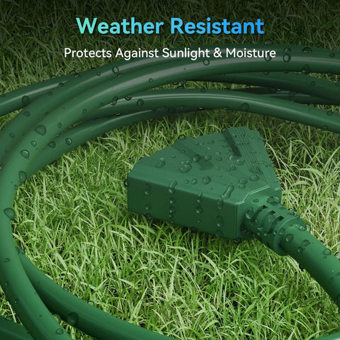 50 Foot Tough As Nails Extension Cord with Three Outlets, UL Listed, 16 3 SJTW, green cord on grass, weather resistant, grounded