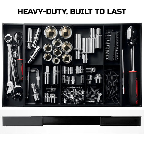 Expandable Large Toolbox Storage Tray Kit With Tray Divider Set For Rolling Tool Chest Drawers Low Profile Trays To Keep Your Gear In Check With Screwdrivers Pliers And Small Tools In Their Spot holding various socket wrenches and hand tools.